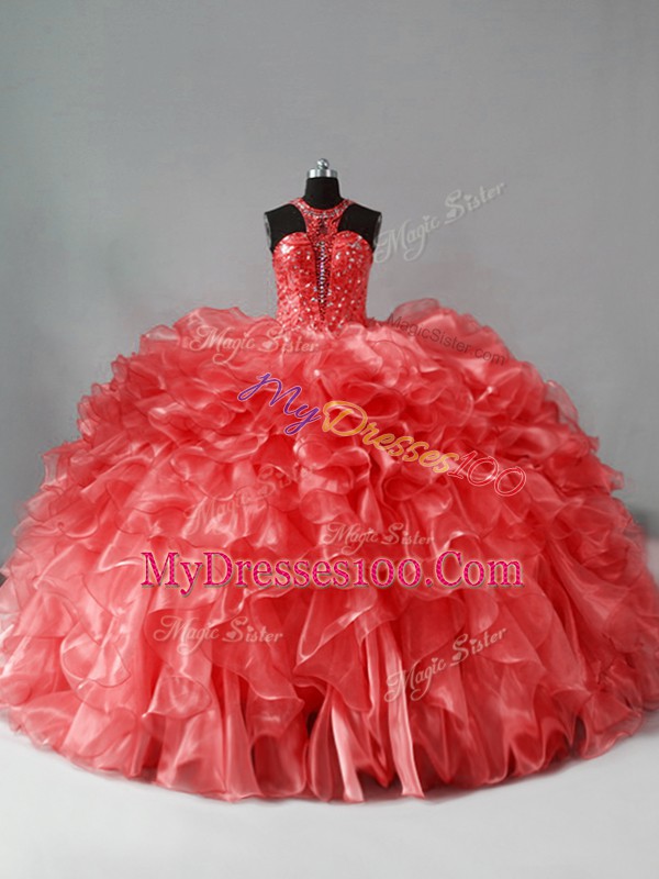 Perfect Coral Red Organza Zipper Ball Gown Prom Dress Sleeveless Brush Train Beading and Ruffles