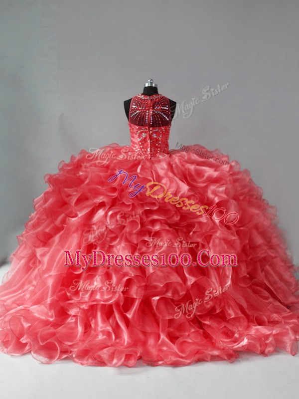 Perfect Coral Red Organza Zipper Ball Gown Prom Dress Sleeveless Brush Train Beading and Ruffles