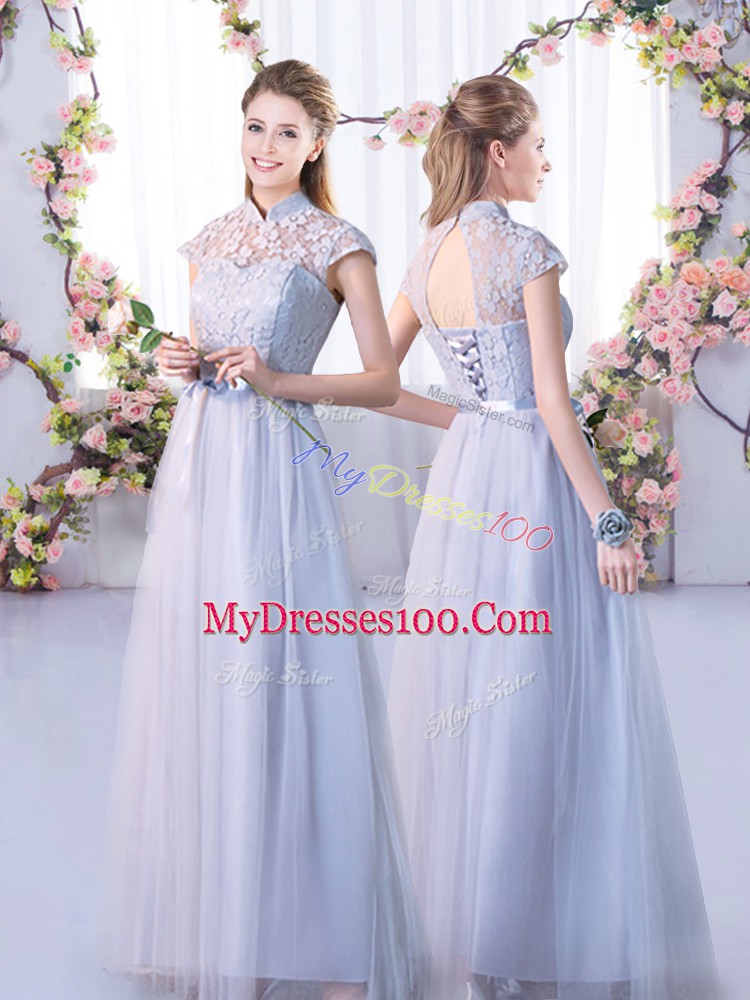 Floor Length Grey Bridesmaid Gown Tulle Cap Sleeves Lace