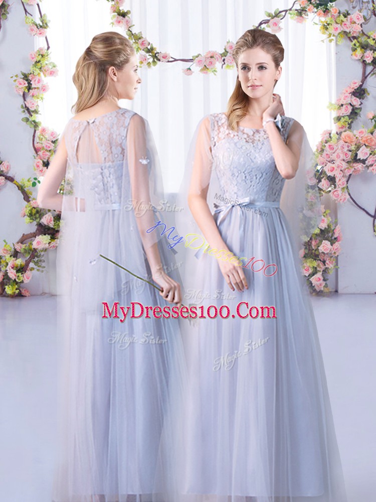 Floor Length Grey Bridesmaid Gown Tulle Cap Sleeves Lace