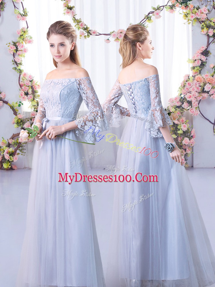 Floor Length Grey Bridesmaid Gown Tulle Cap Sleeves Lace