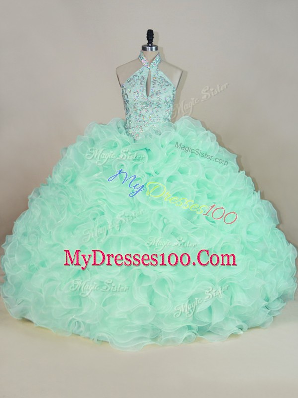 Halter Top Sleeveless Sweet 16 Quinceanera Dress Brush Train Beading and Ruffles Apple Green Fabric With Rolling Flowers