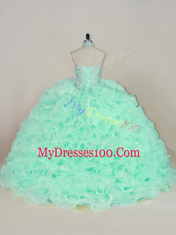 Halter Top Sleeveless Sweet 16 Quinceanera Dress Brush Train Beading and Ruffles Apple Green Fabric With Rolling Flowers
