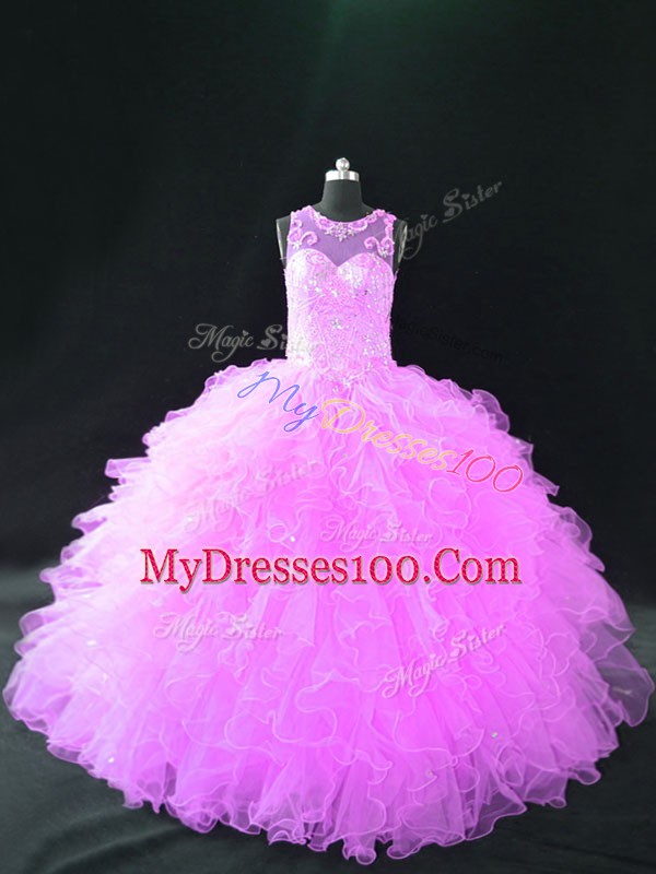 Sleeveless Organza Floor Length Lace Up Quinceanera Dresses in Lilac with Beading and Ruffles