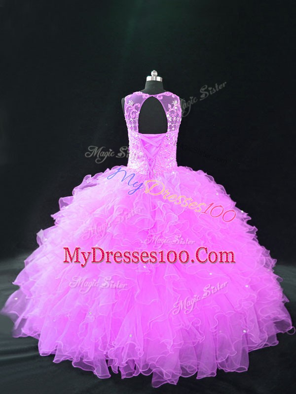 Sleeveless Organza Floor Length Lace Up Quinceanera Dresses in Lilac with Beading and Ruffles