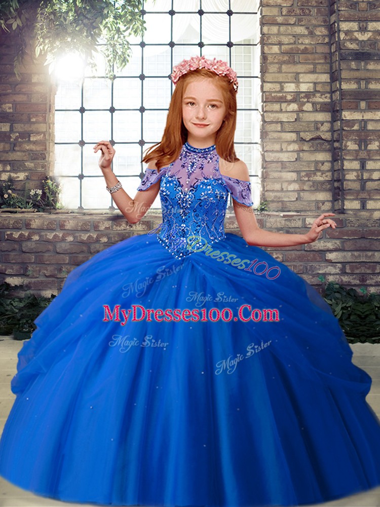 Custom Designed Blue and Peach Sleeveless Floor Length Beading Lace Up Pageant Gowns For Girls
