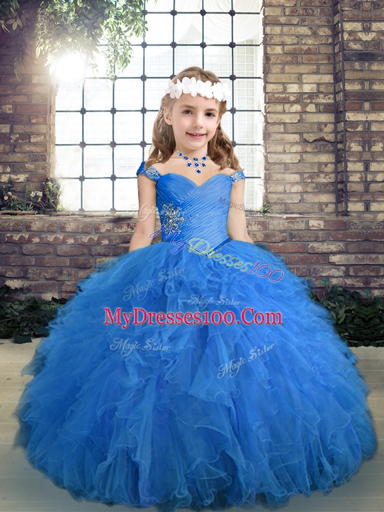 Blue Straps Neckline Beading and Ruffles Little Girls Pageant Gowns Sleeveless Lace Up