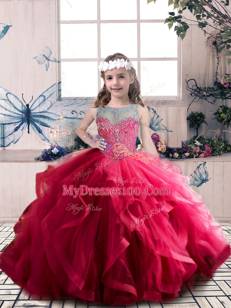 Scoop Sleeveless Kids Formal Wear Floor Length Beading and Ruffles Coral Red Tulle