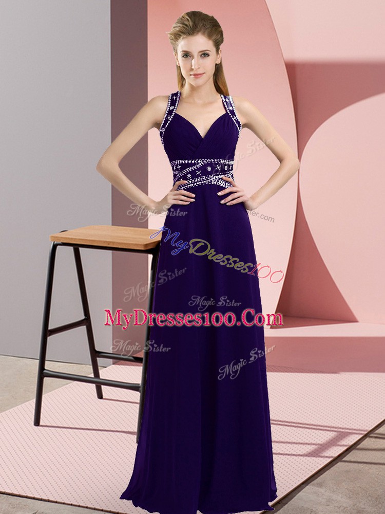 Purple Sleeveless Beading Floor Length Prom Dresses