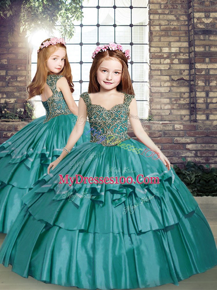 Dramatic Sleeveless Taffeta Floor Length Lace Up Pageant Gowns For Girls in Teal with Beading