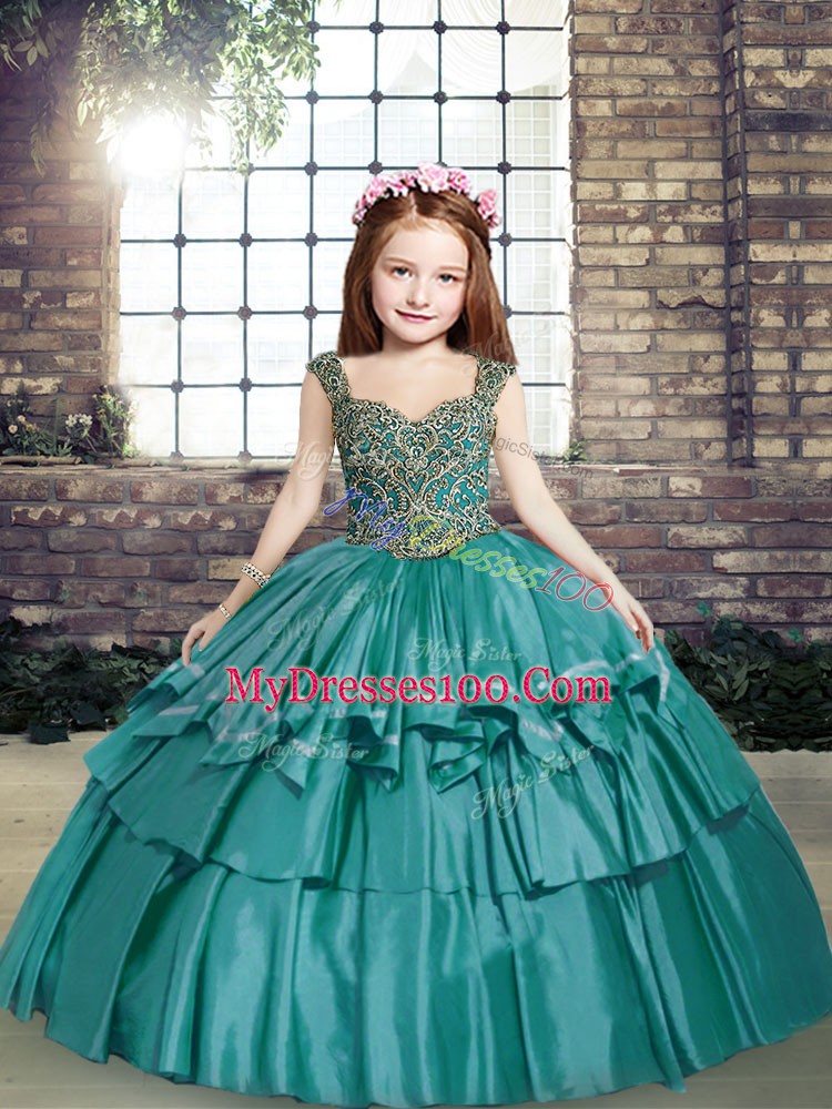 Dramatic Sleeveless Taffeta Floor Length Lace Up Pageant Gowns For Girls in Teal with Beading