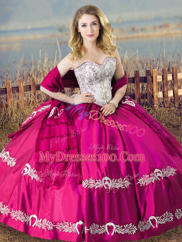 Custom Designed Fuchsia Sleeveless Floor Length Beading and Embroidery Lace Up Quinceanera Dress