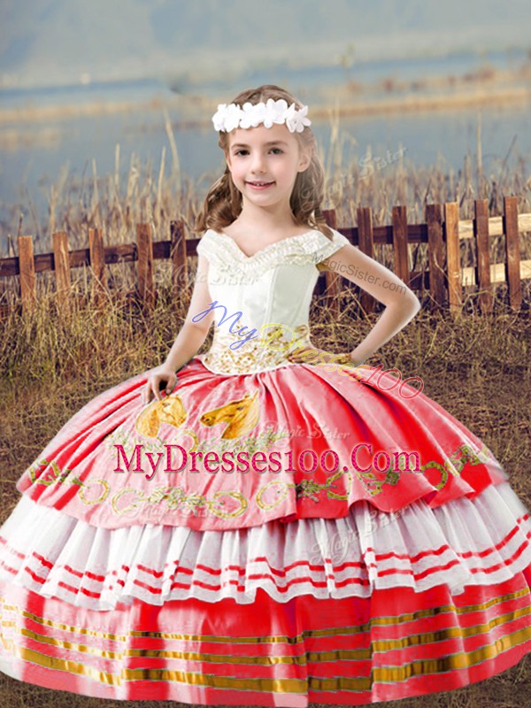Satin Sleeveless Floor Length Pageant Gowns For Girls and Embroidery