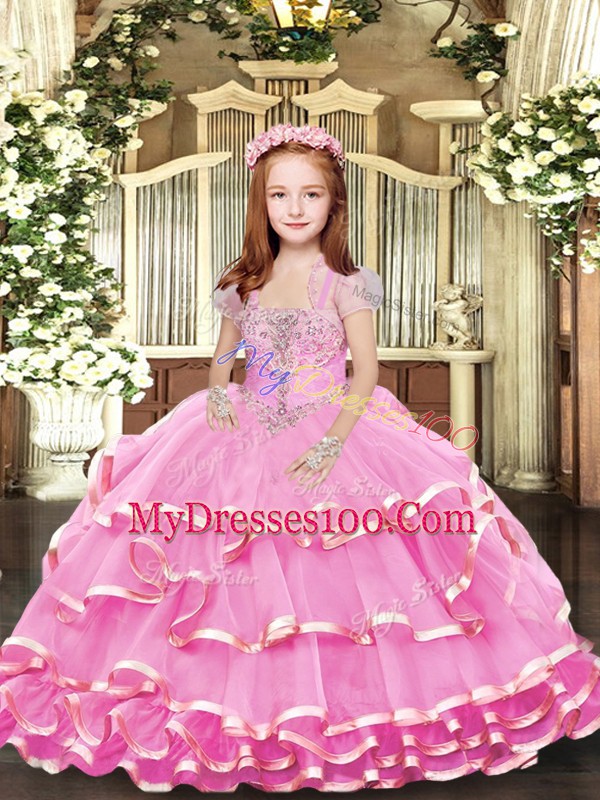Lilac Lace Up Little Girls Pageant Dress Beading and Ruffled Layers Sleeveless Floor Length