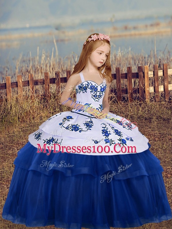 Blue Little Girl Pageant Gowns Party and Wedding Party with Embroidery Straps Sleeveless Lace Up