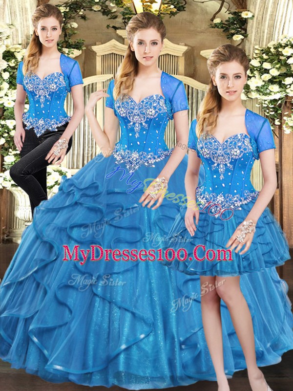 Shining Three Pieces 15th Birthday Dress Blue Sweetheart Tulle Sleeveless Floor Length Lace Up