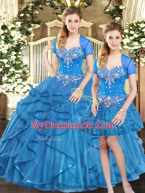Shining Three Pieces 15th Birthday Dress Blue Sweetheart Tulle Sleeveless Floor Length Lace Up