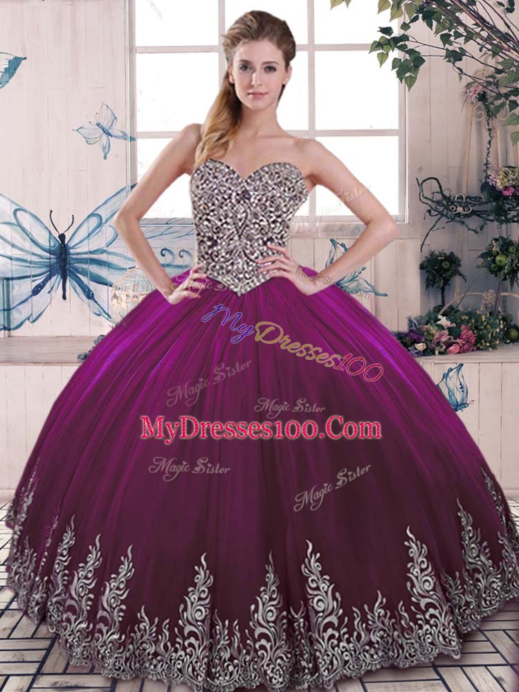 High Quality Sweetheart Sleeveless Sweet 16 Dress Floor Length Beading and Embroidery Fuchsia Tulle