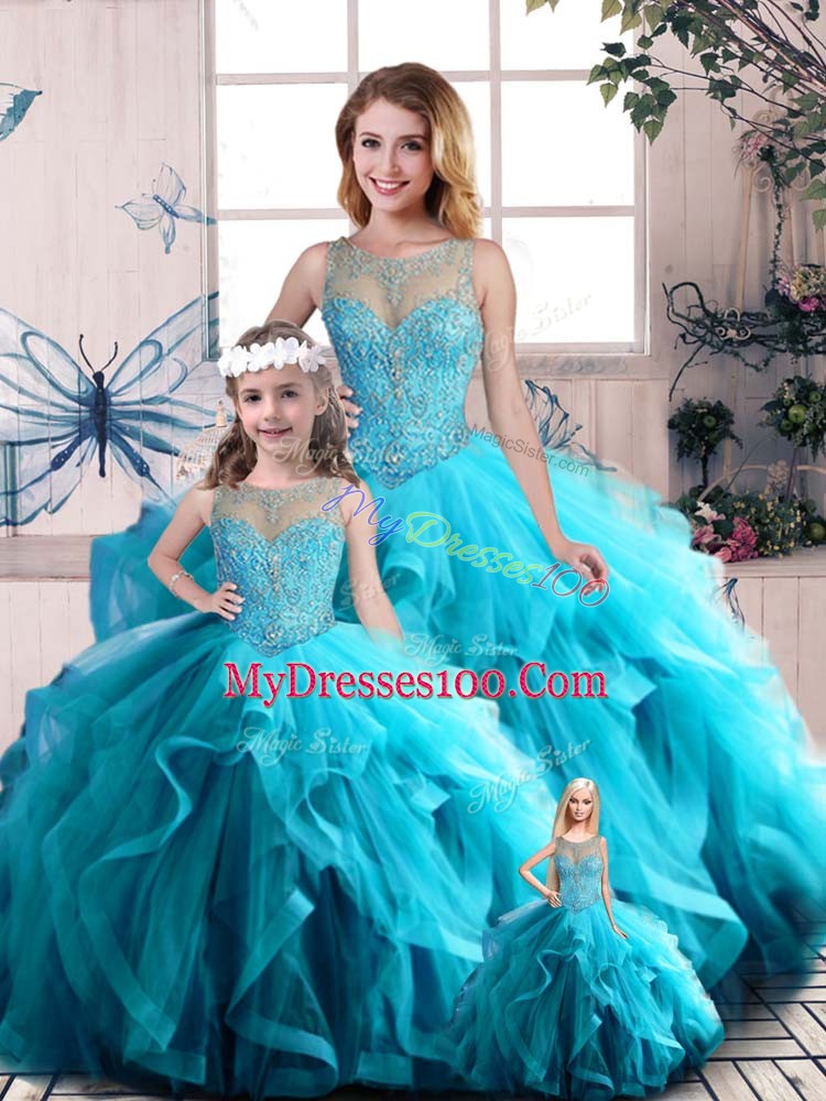 Exquisite Scoop Sleeveless Lace Up Sweet 16 Dresses Aqua Blue Tulle