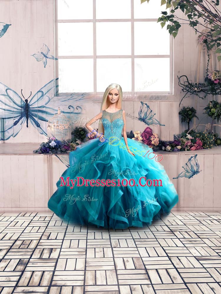 Exquisite Scoop Sleeveless Lace Up Sweet 16 Dresses Aqua Blue Tulle