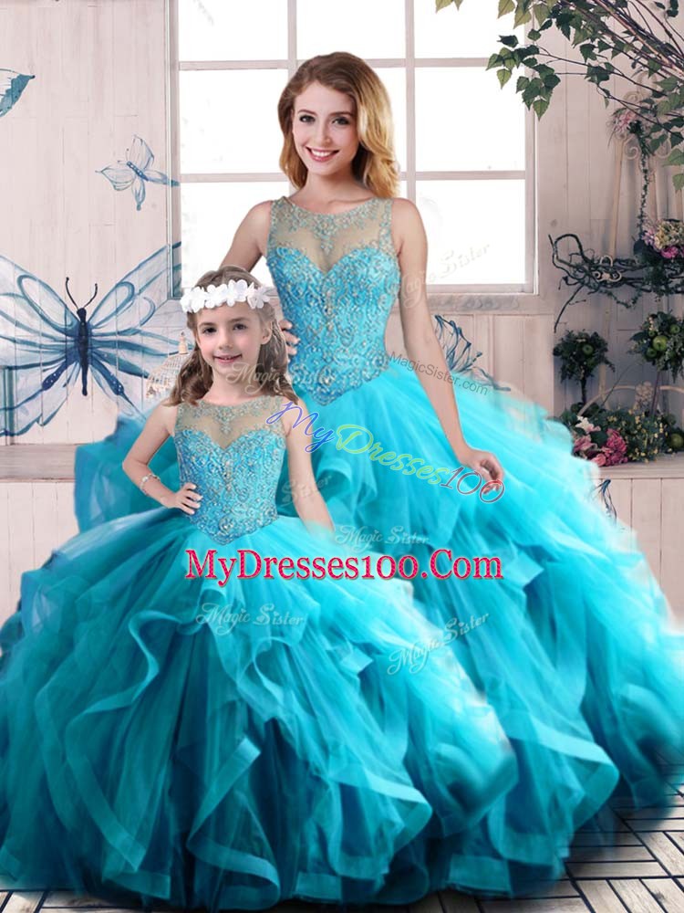 Exquisite Scoop Sleeveless Lace Up Sweet 16 Dresses Aqua Blue Tulle