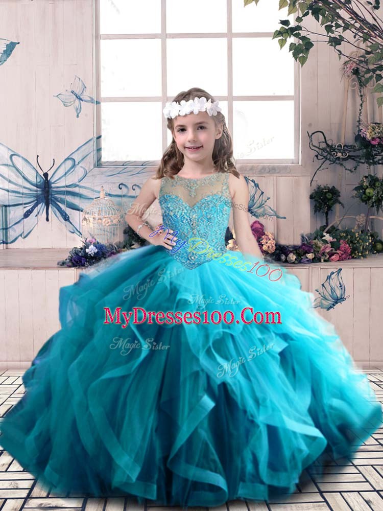 Exquisite Scoop Sleeveless Lace Up Sweet 16 Dresses Aqua Blue Tulle