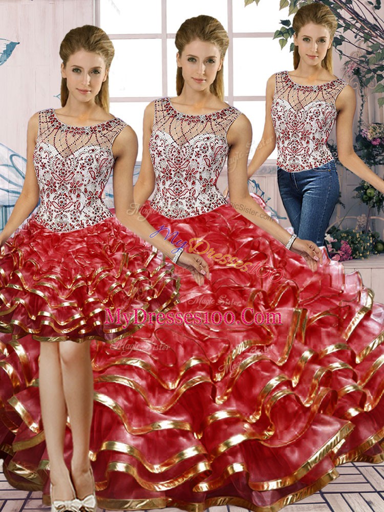Red Sleeveless Organza Lace Up Ball Gown Prom Dress for Military Ball and Sweet 16 and Quinceanera