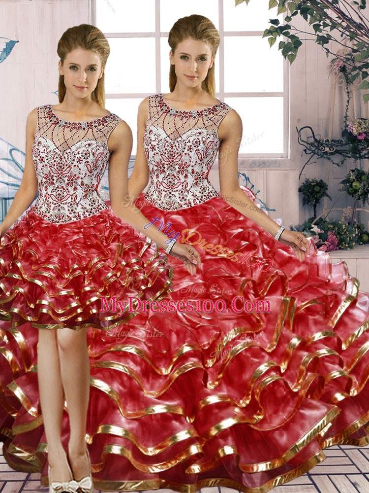 Red Sleeveless Organza Lace Up Ball Gown Prom Dress for Military Ball and Sweet 16 and Quinceanera