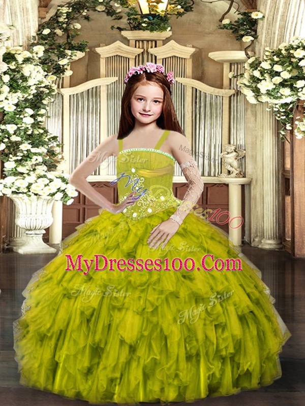 Olive Green Straps Neckline Ruffles Little Girls Pageant Gowns Sleeveless Lace Up