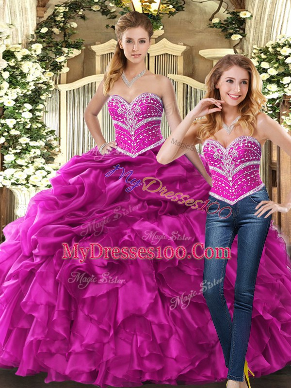 Dramatic Ball Gowns 15th Birthday Dress Fuchsia Sweetheart Organza Sleeveless Floor Length Lace Up