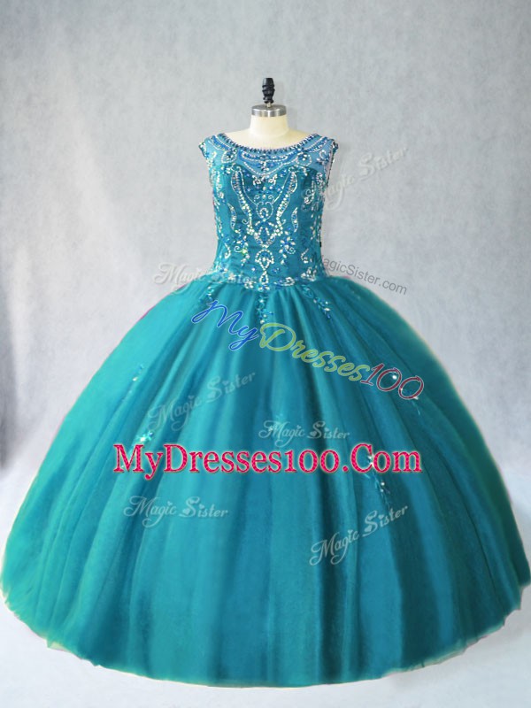 Sleeveless Tulle Floor Length Lace Up 15th Birthday Dress in Teal with Beading