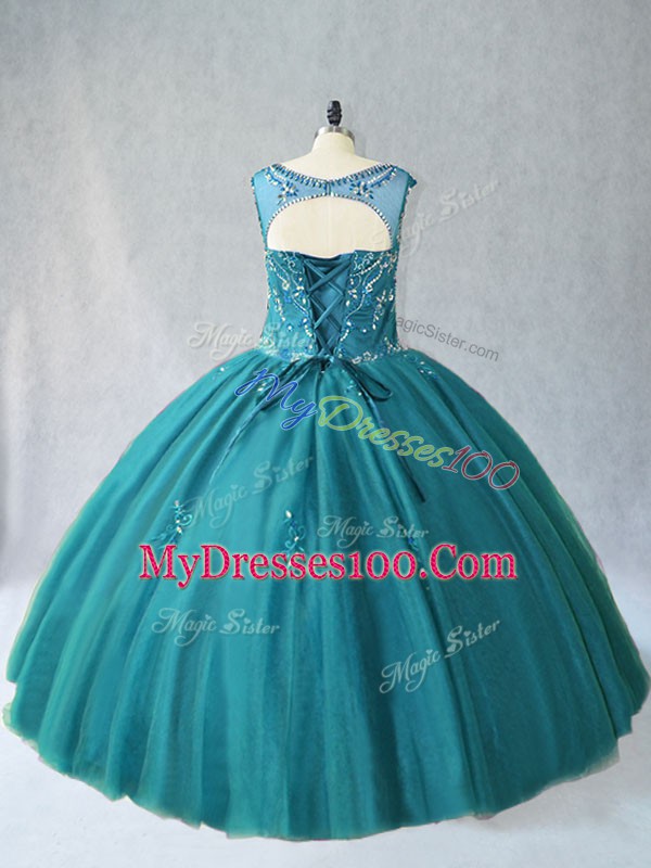 Sleeveless Tulle Floor Length Lace Up 15th Birthday Dress in Teal with Beading