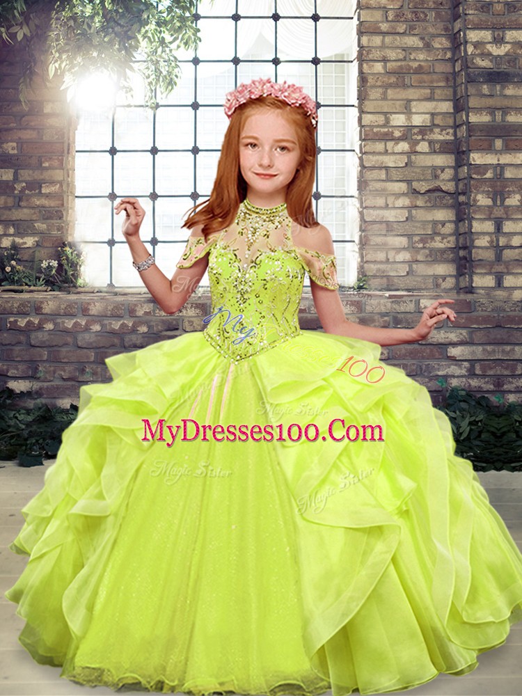 Perfect Yellow Green Lace Up Pageant Dress for Womens Beading Sleeveless Floor Length