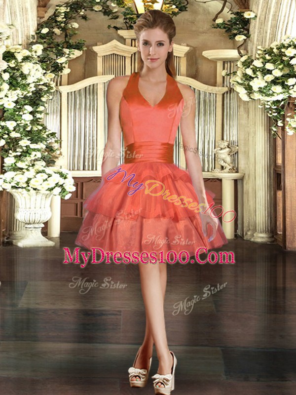 High Quality Orange Red Lace Up Halter Top Ruffled Layers Tulle Sleeveless