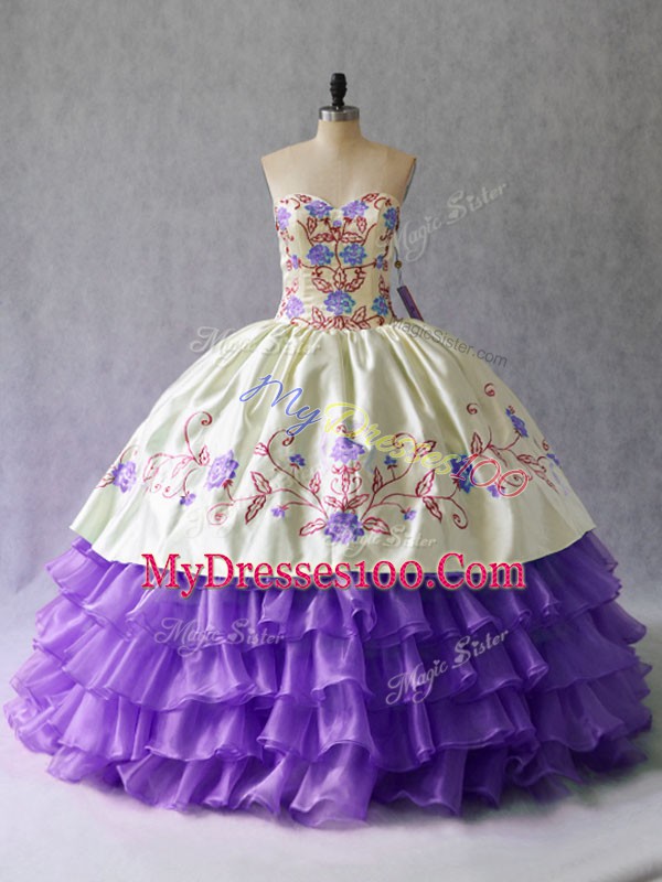 Captivating Lavender Quinceanera Dress Sweet 16 and Quinceanera with Embroidery and Ruffled Layers Sweetheart Sleeveless Lace Up