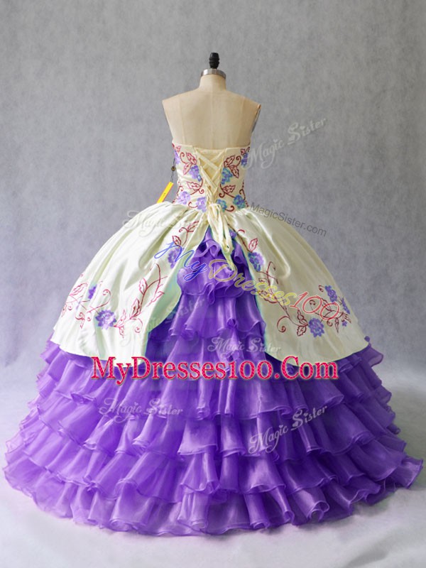 Captivating Lavender Quinceanera Dress Sweet 16 and Quinceanera with Embroidery and Ruffled Layers Sweetheart Sleeveless Lace Up