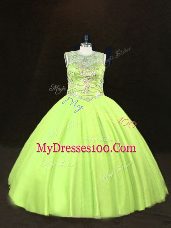 Designer Ball Gowns Quinceanera Dresses Yellow Green Scoop Tulle Sleeveless Floor Length Lace Up