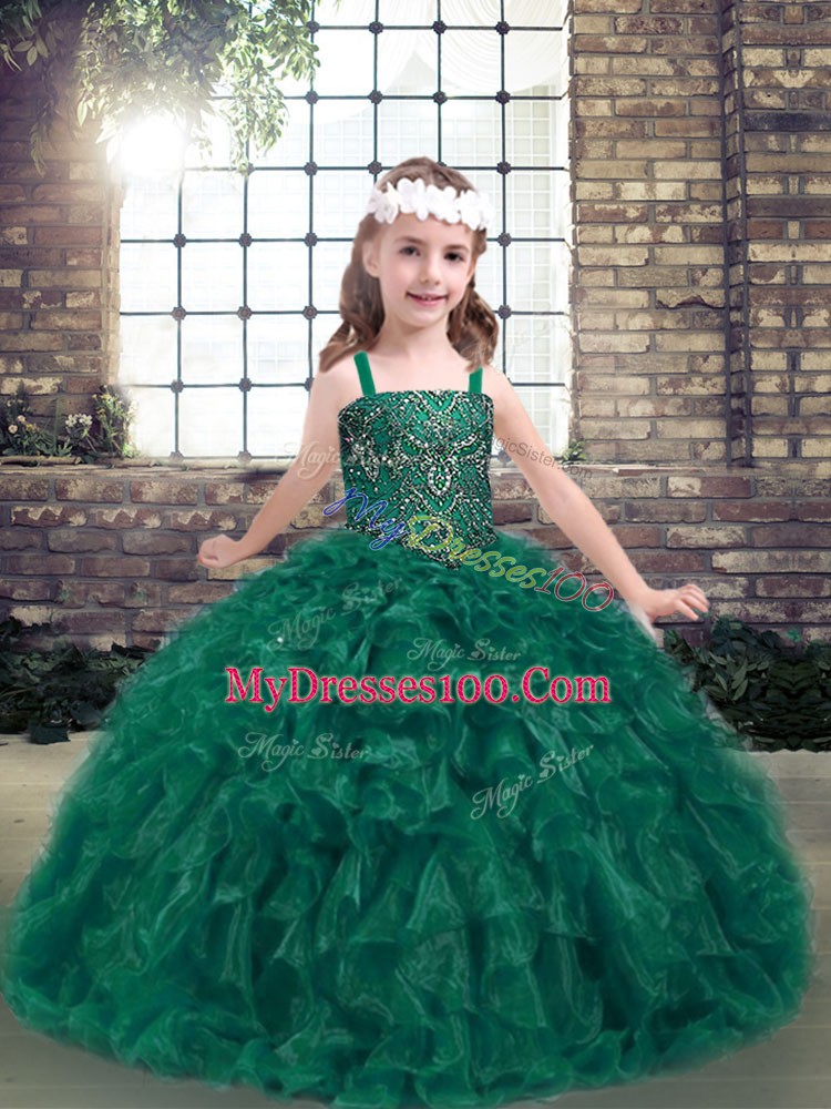 Lovely Straps Sleeveless Organza Girls Pageant Dresses Beading and Ruffles Lace Up