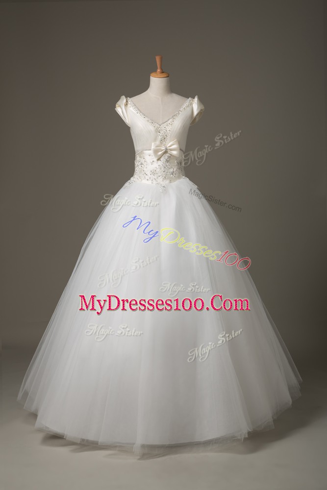 High Quality V-neck Short Sleeves Lace Up Wedding Dresses White Tulle