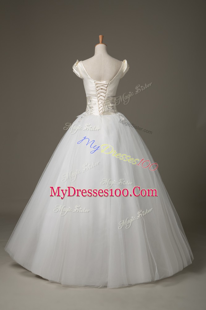 High Quality V-neck Short Sleeves Lace Up Wedding Dresses White Tulle