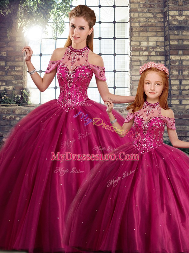 Spectacular Fuchsia Tulle Lace Up Halter Top Sleeveless Sweet 16 Dress Brush Train Beading