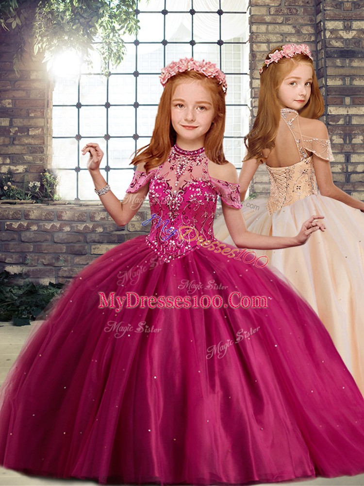 Spectacular Fuchsia Tulle Lace Up Halter Top Sleeveless Sweet 16 Dress Brush Train Beading