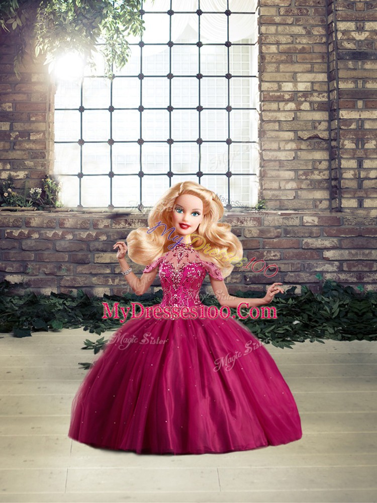 Spectacular Fuchsia Tulle Lace Up Halter Top Sleeveless Sweet 16 Dress Brush Train Beading
