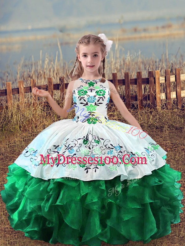Green Ball Gowns Organza Scoop Sleeveless Embroidery and Ruffles Floor Length Lace Up Little Girls Pageant Gowns