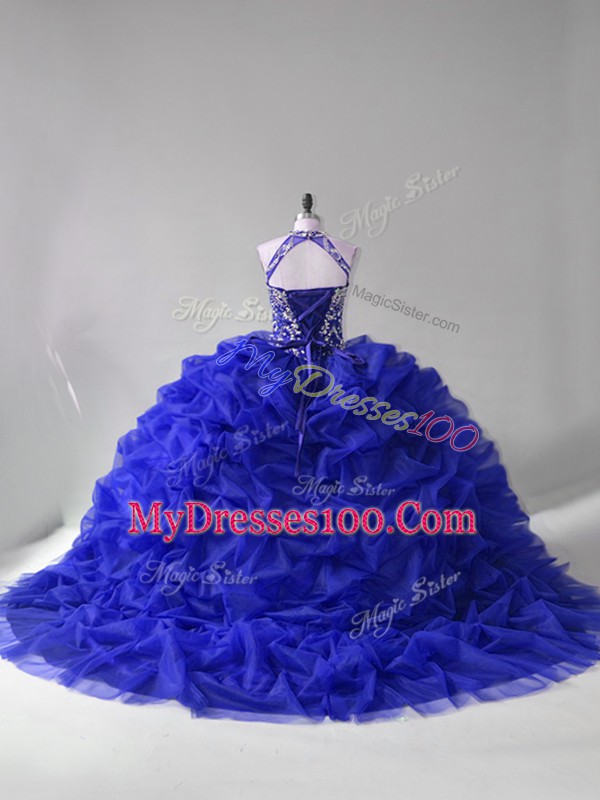Custom Design Royal Blue Long Sleeves Organza Court Train Lace Up Ball Gown Prom Dress for Sweet 16 and Quinceanera
