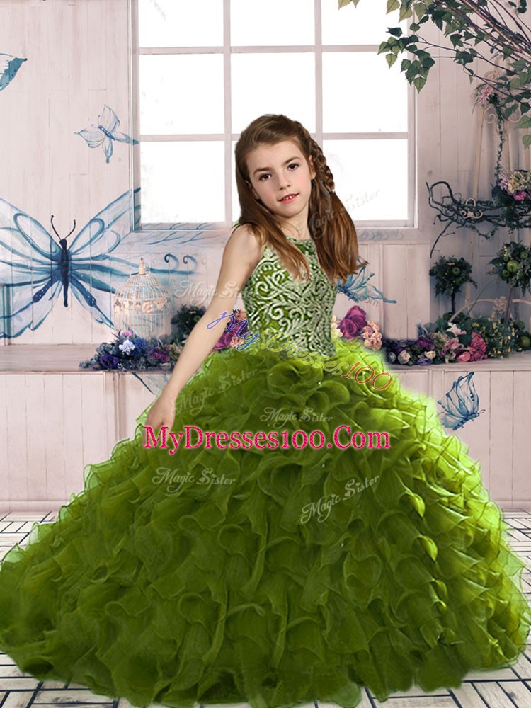 Most Popular Olive Green Organza Lace Up Little Girl Pageant Dress Sleeveless Floor Length Beading and Ruffles