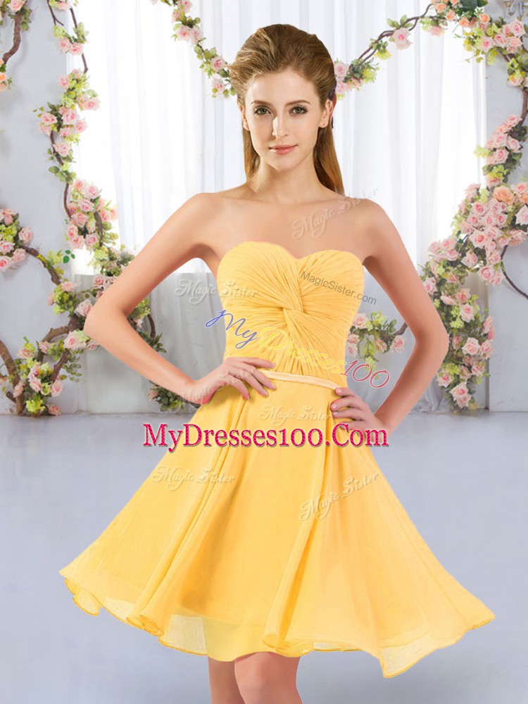 Enchanting Empire Bridesmaid Gown Gold Sweetheart Chiffon Sleeveless Mini Length Lace Up