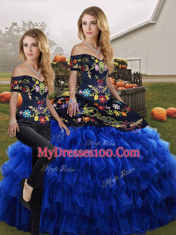 Floor Length Lace Up 15 Quinceanera Dress Blue And Black for Military Ball and Sweet 16 and Quinceanera with Embroidery and Ruffled Layers