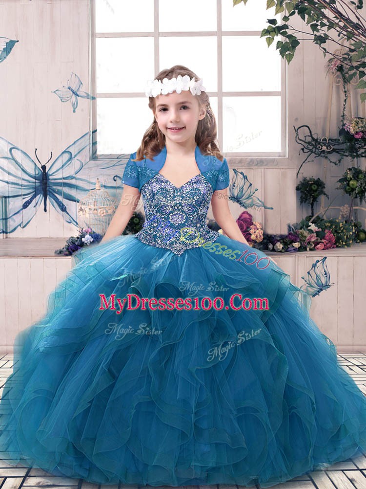 Best Blue Ball Gowns Straps Sleeveless Tulle Floor Length Lace Up Beading and Ruffles Little Girls Pageant Dress