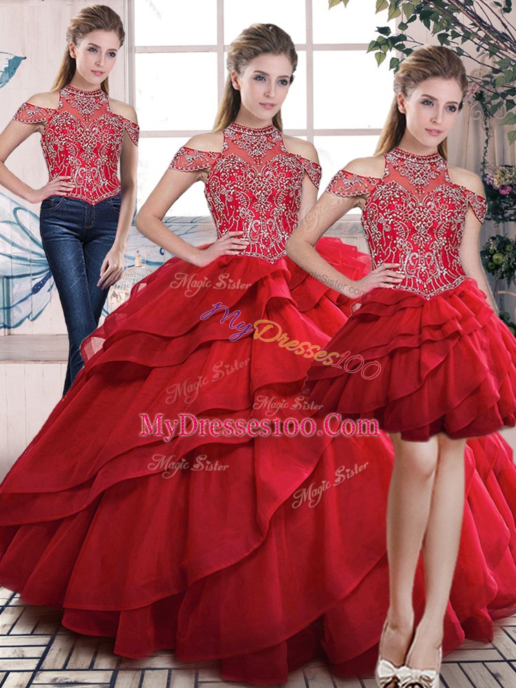 Clearance Sleeveless Floor Length Beading and Ruffles Lace Up Quinceanera Dresses with Red